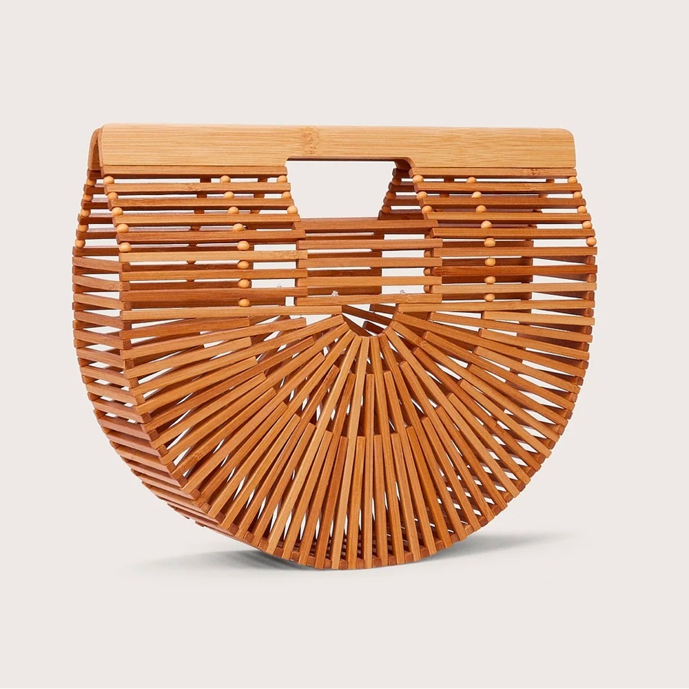 Woven Half-Moon Bamboo Clutch - Natural Brown